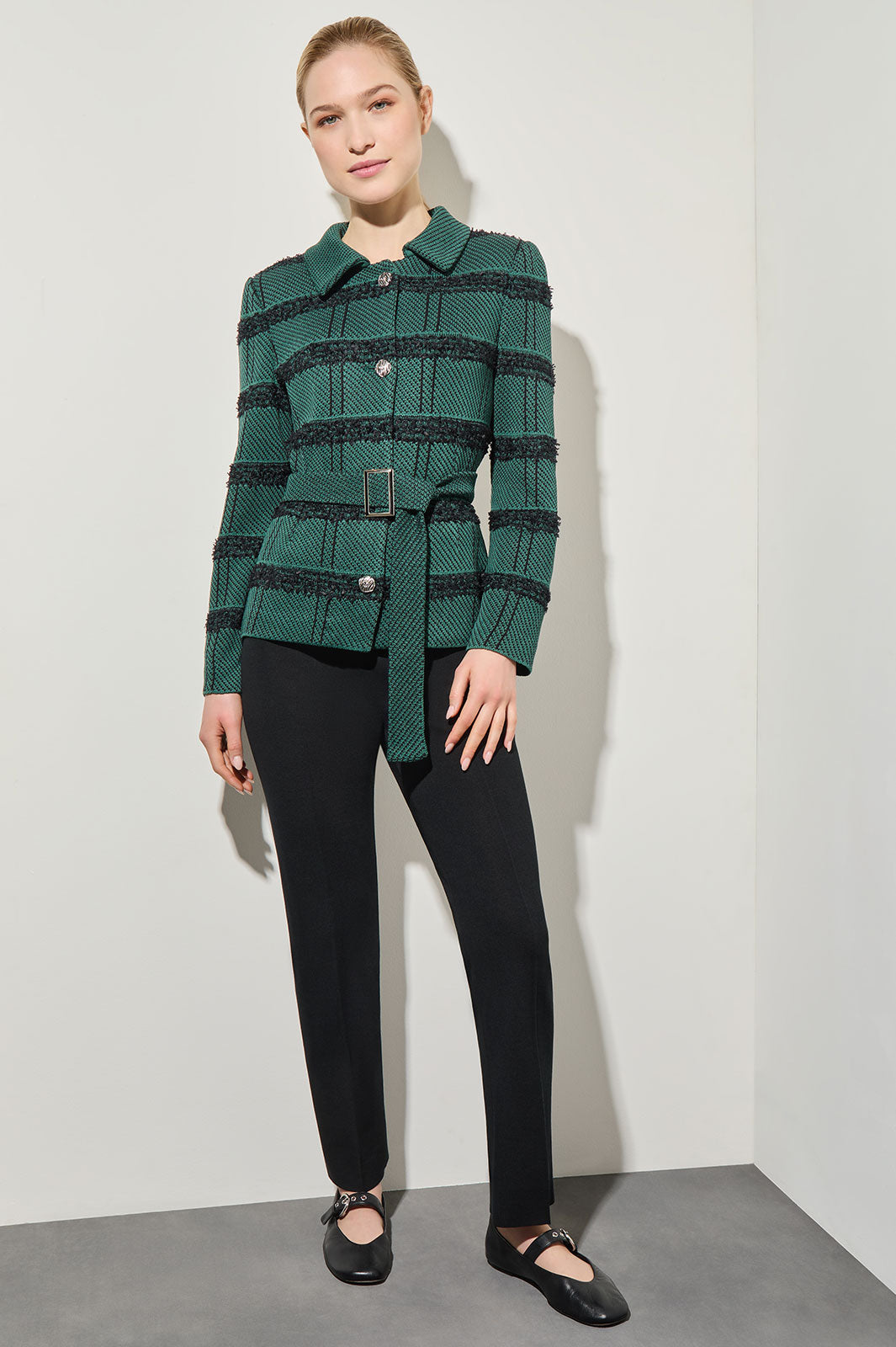 Belted Button-Front Stripe Tweed Jacket
