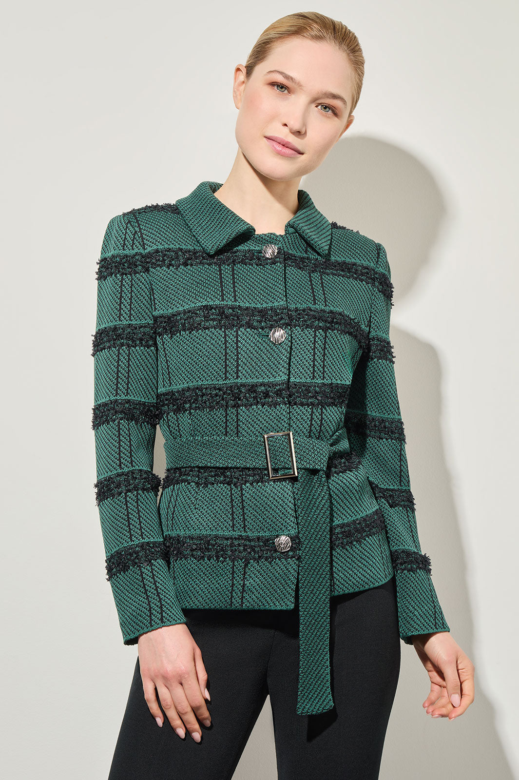 Belted Button-Front Stripe Tweed Jacket | Ming Wang