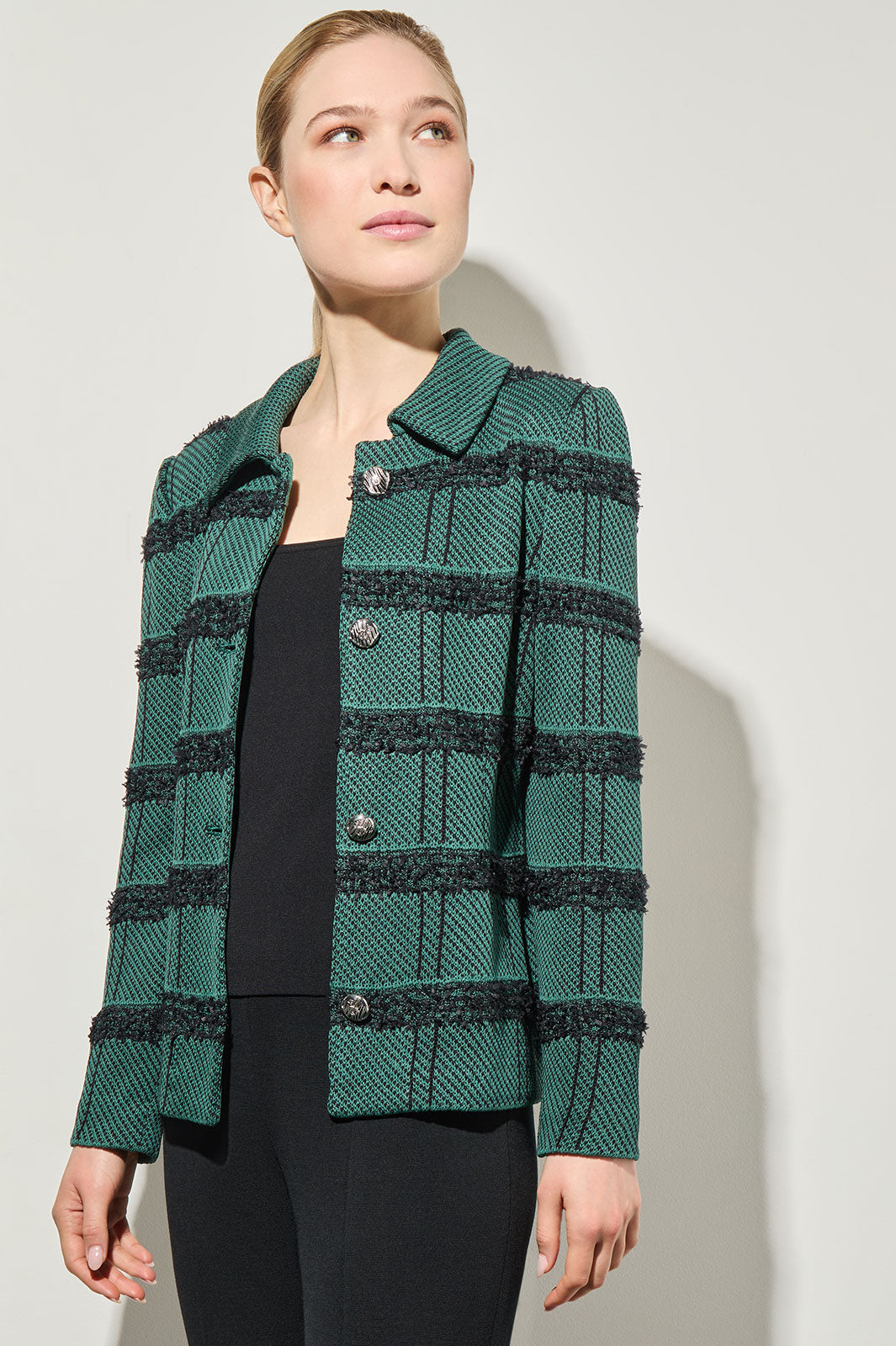Belted Button-Front Stripe Tweed Jacket
