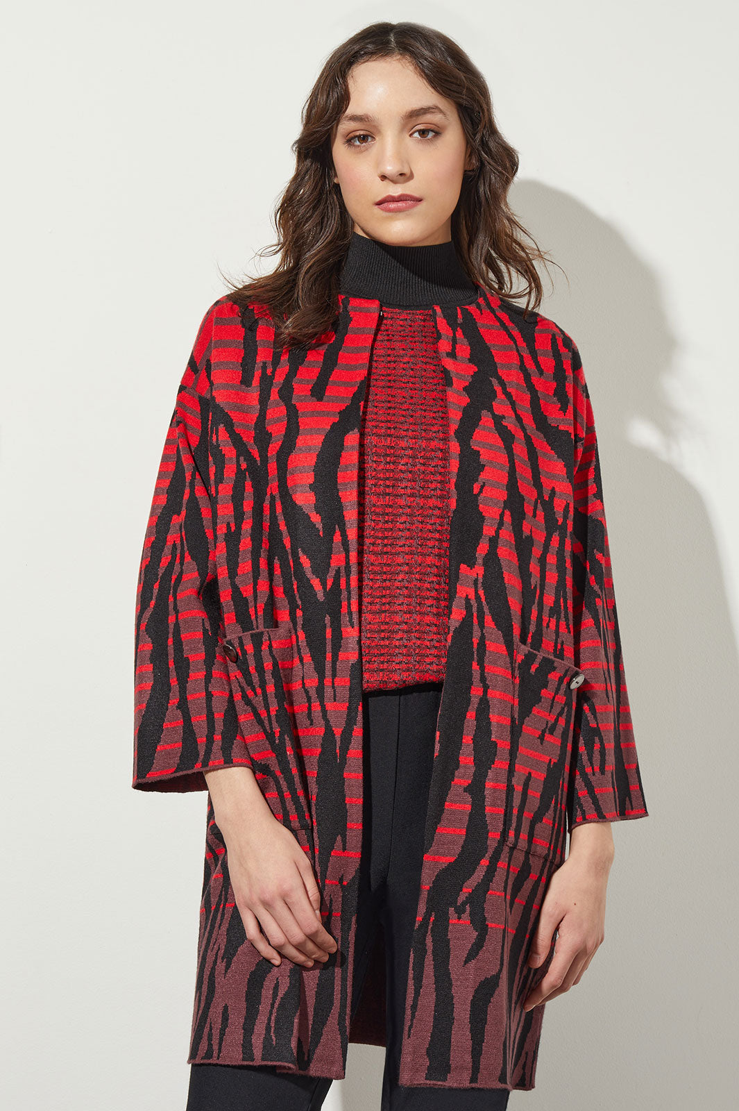 Plus Size Open Front Jacket - Animal Pattern Cozy Knit | Ming Wang