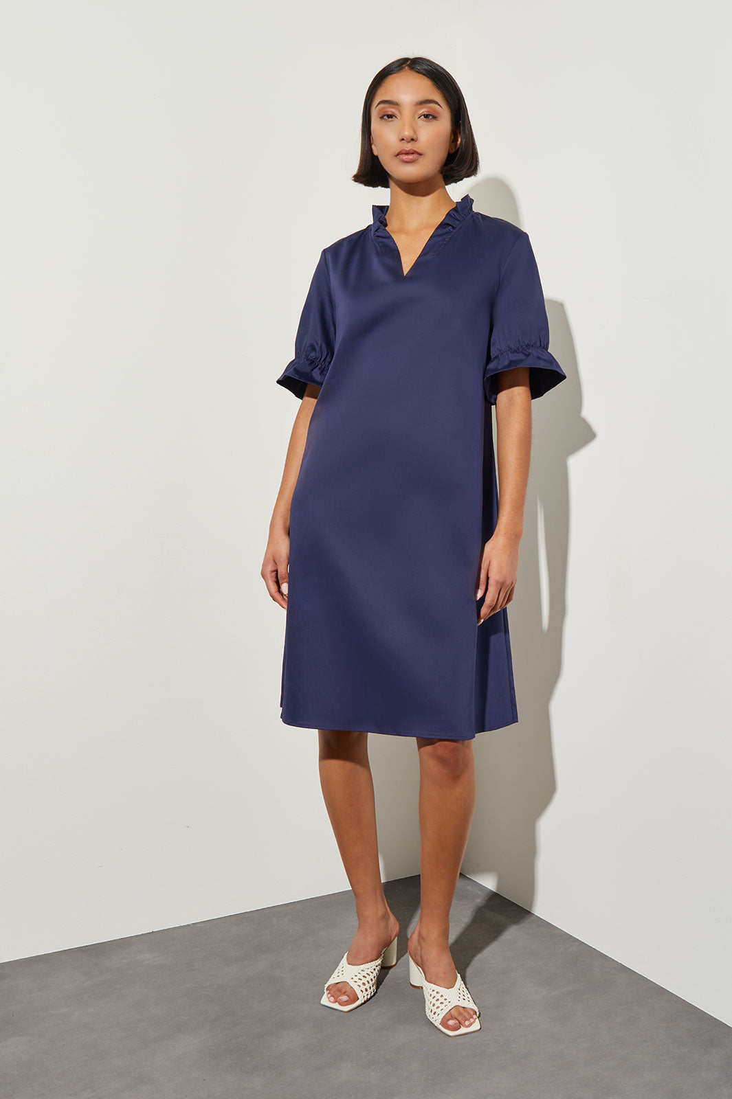 Modern Fit Ruffle Detail Cotton Poplin Shift Dress, Indigo | Ming Wang