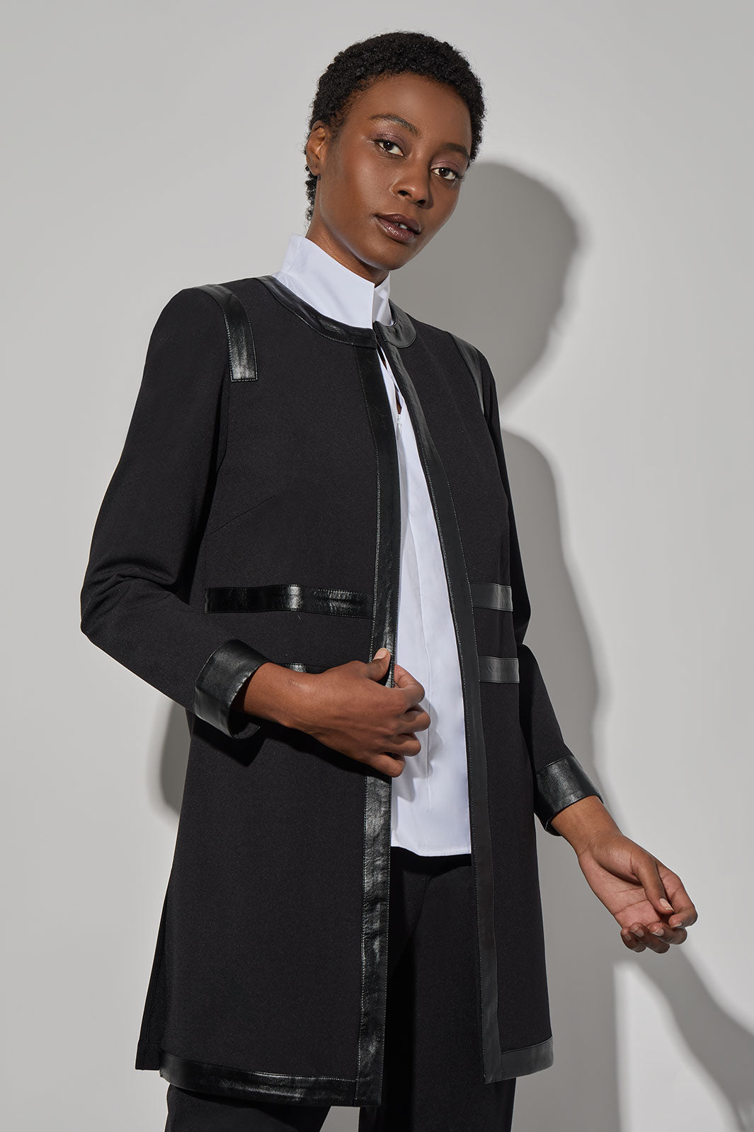 Faux Leather Trim Stretch Ponte Jacket, Black | Ming Wang