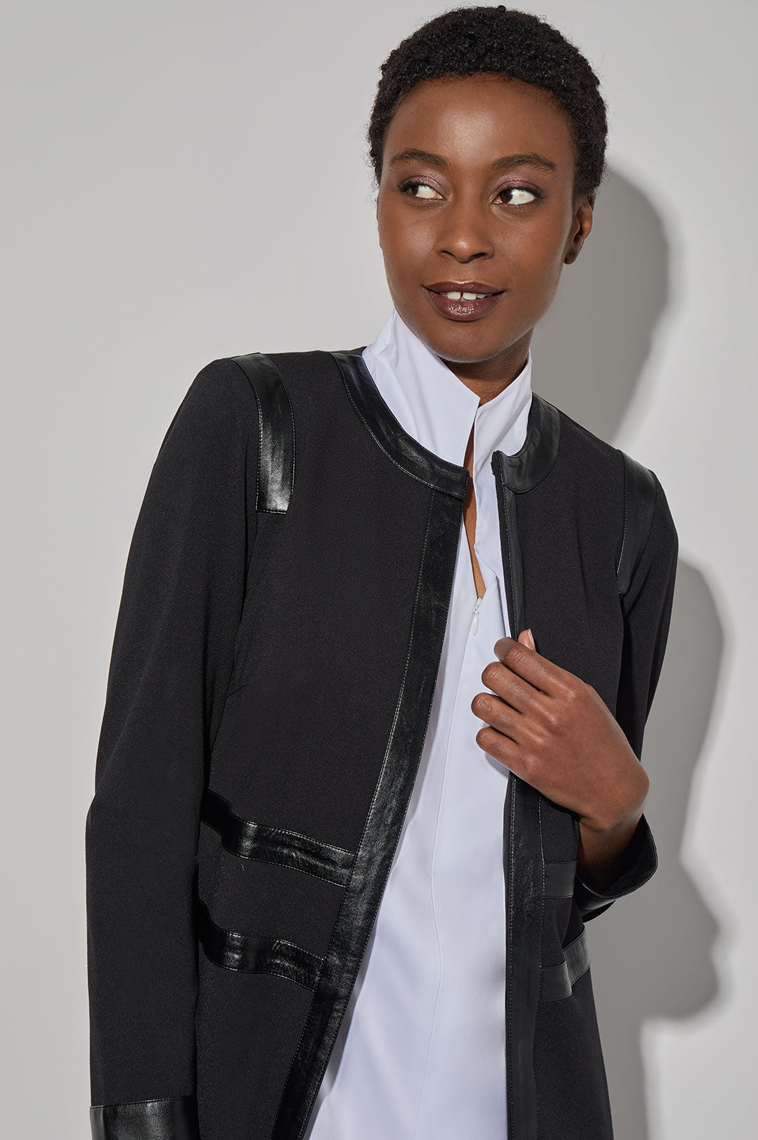 Faux Leather Trim Stretch Ponte Jacket