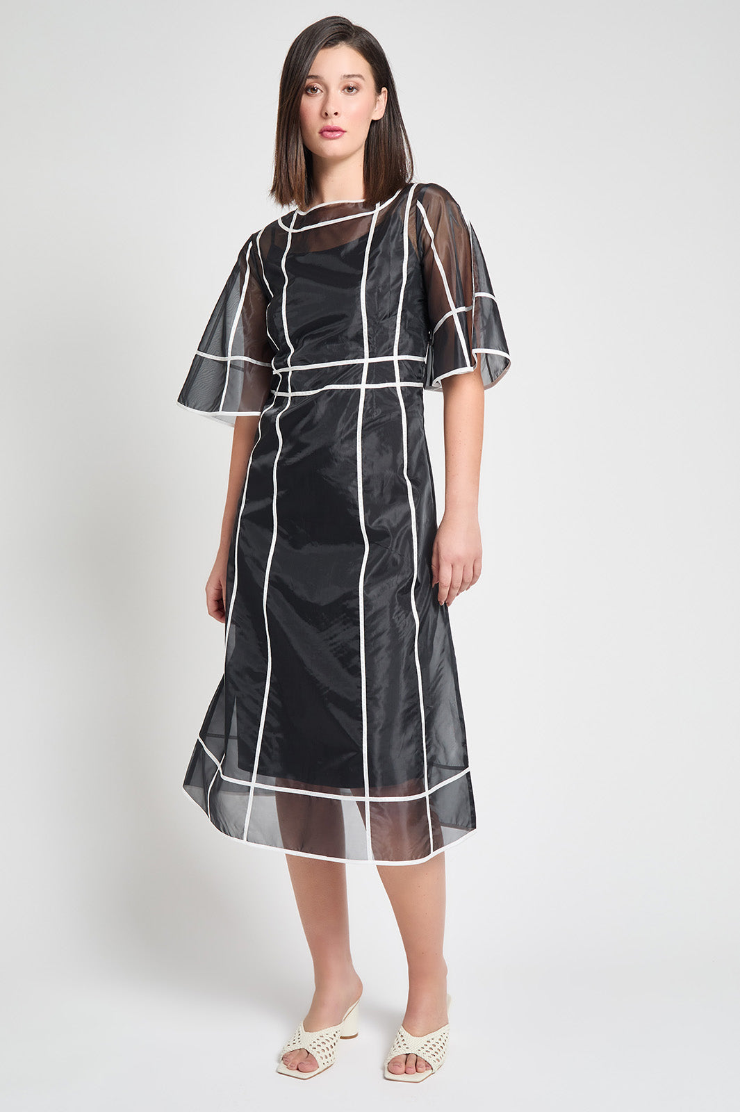 Modern Fit-N-Flare Midi Dress - Contrast Stripe Organza, Black/White | Ming Wang