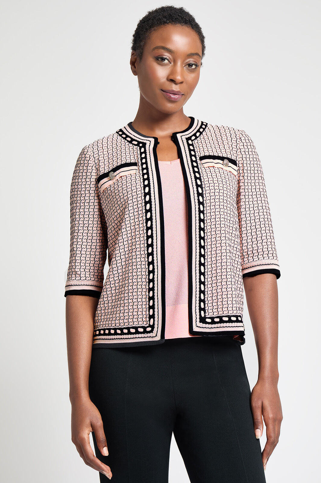 Heritage Fit Textured Laced Trim Jacket, Rosy Blush/Black | Ming Wang
