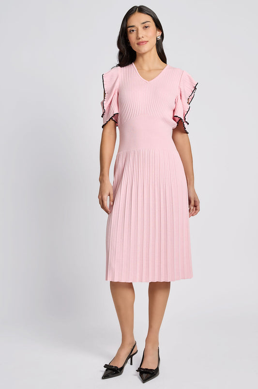 Fit-N-Flare Ruffle Sleeve Soft Rib Knit Dress, Rosy Blush/Black | Ming Wang