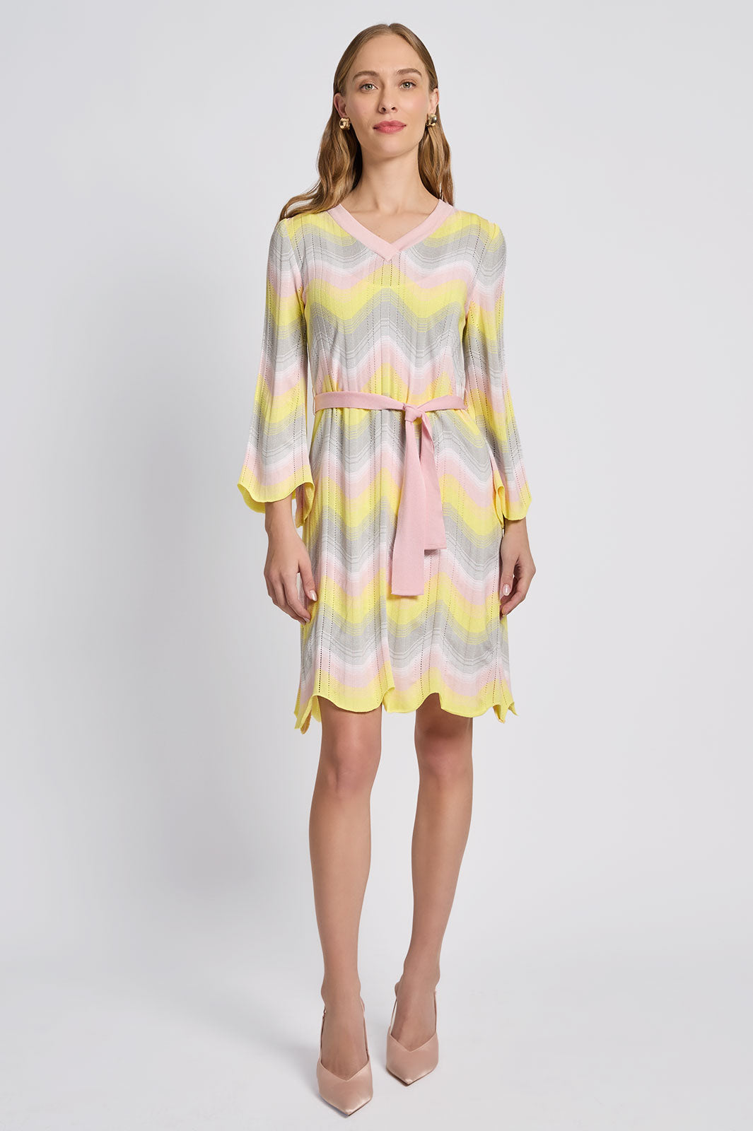 Chevron Pointelle Soft Knit Dress, Rosy Blush/Lemon/Lunar Rock/White | Ming Wang