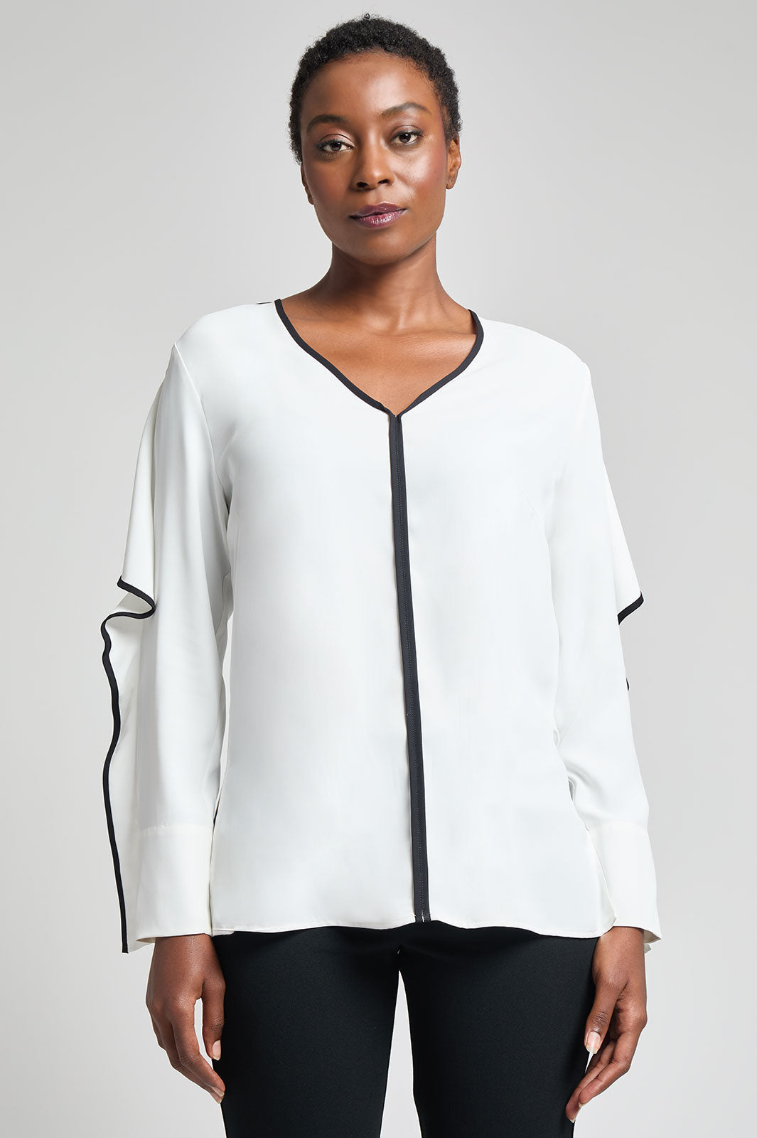 Contrast Trim Crepe de Chine Ruffle Sleeve Blouse, White/Black | Ming Wang